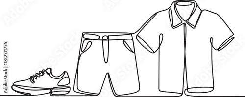 continuous line one set of clothes.one line drawing of shoes, shorts and shirt. single line vector illustration. one line Icon drawing