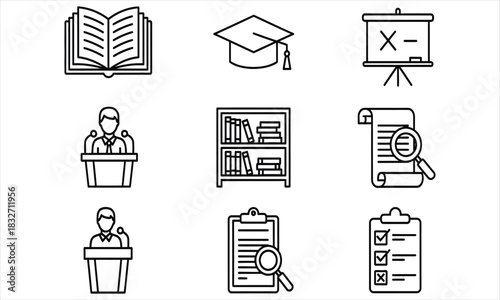 A versatile set of line icons representing education, academic study, research, and public speaking