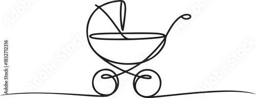 One continuous line drawing of baby stroller. Outline drawing of baby carriage, classic style pram for winter walk. Editable stroke. one line Icon drawing