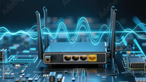 Low latency network concept. Wireless Router on Circuit Board Emitting Glowing Signal Waves Symbolizes Low Latency Network Connectivity Technology