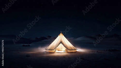 A lit tent stands in a desert landscape under a starry night sky. The tent glows brightly, creating a warm contrast against the dark surroundings.