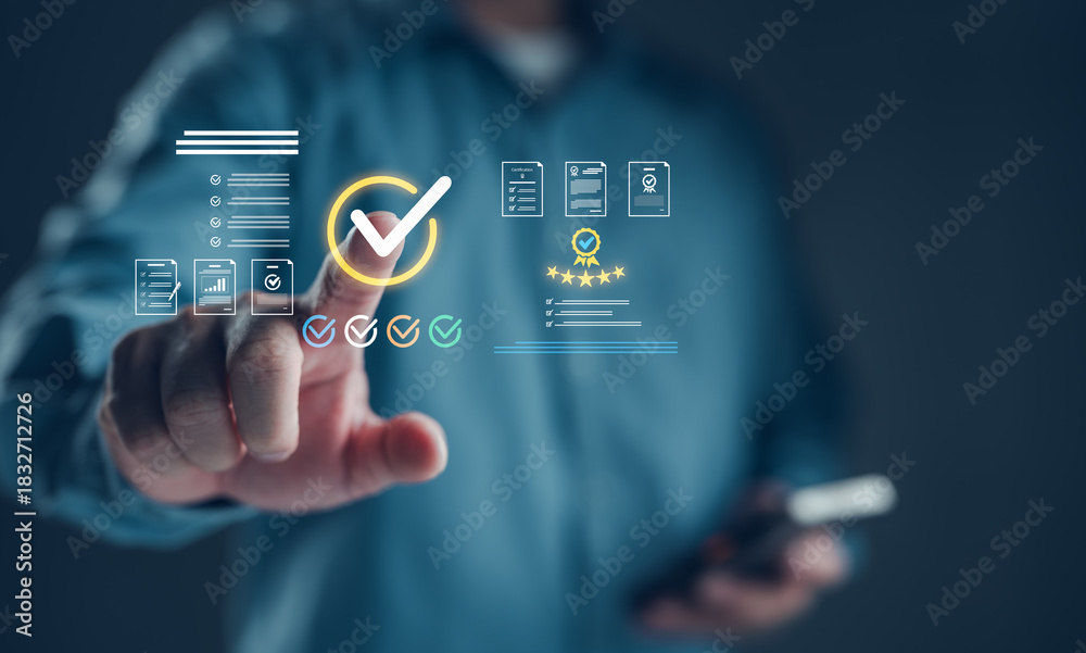Naklejka premium Businessman pointing at digital checklist with certification and approval icons. Concept for quality assurance, standard compliance, verified documents, task completion, and digital validation.