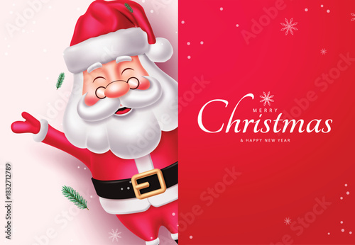 Christmas greeting vector design. Merry Christmas and Happy new year greeting text in red board wish list with Santa Claus character in winter background. Vector illustration greeting card.