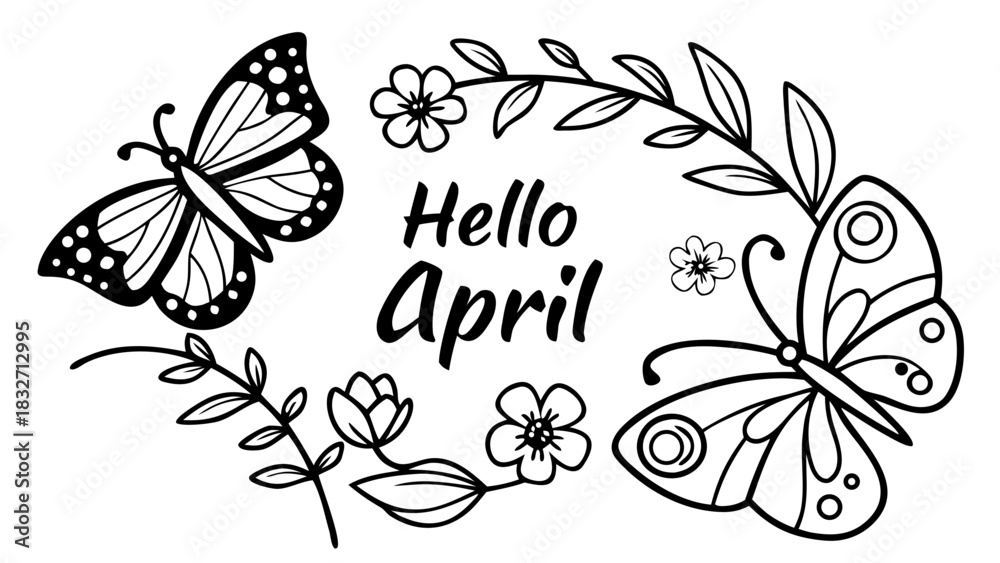 Fototapeta premium Vector illustration of ‘Hello April’ decorated with blooming flowers, butterflies, and fresh green leaves, creating a bright cheerful April-month design 