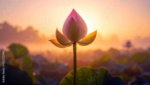 A close-up of a beautiful lotus flower in full bloom, set against a soft, golden sunrise. The image is bathed in warm, natural light and evokes a sense of peace