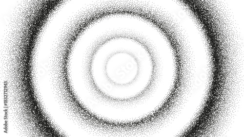 Dotted grainy gradient concentric circle background. Vector black and white gritty dotted circular gradient with optical illusion. Portal or Big Data visualization with gritty pattern made by dots.