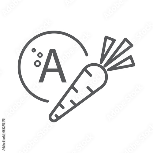 Carrot and Vitamin A Icon in Minimal Outline Style for Nutritional Education. For health, diet, and wellness presentations or materials. Vector. Editable stroke.