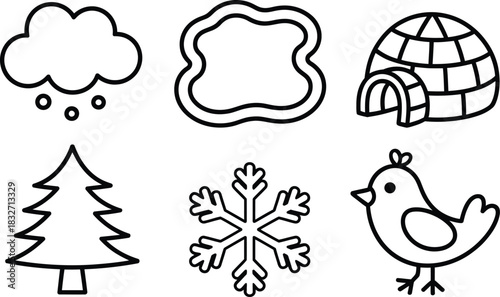 Collection of Winter-Themed Outline Icons: Cloud, Snowflake, Igloo, Tree, and Bird