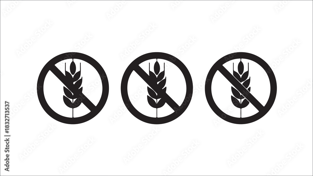 Fototapeta premium Three circular icons with wheat stalks crossed out, representing gluten-free, dairy-free, and allergen-free food choices.