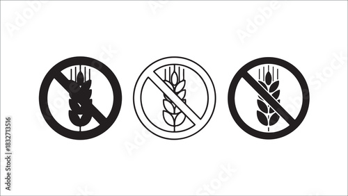 Three circular icons with a wheat stalk crossed out, indicating gluten-free, on a white background.