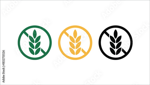 Three stylized wheat icons within circles, representing gluten-free options in green, yellow, and black.