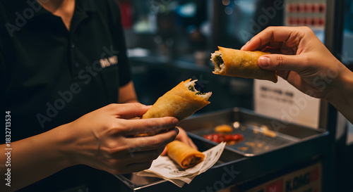 Fototapeta Naklejka Na Ścianę i Meble -  Close-up of Hands Exchanging and Enjoying Fried Spring Rolls at a Street Food Market