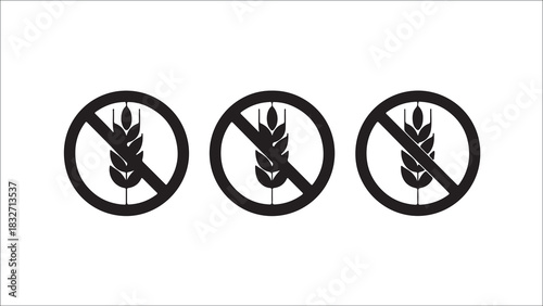 Three circular icons with wheat stalks crossed out, representing gluten-free, dairy-free, and allergen-free food choices.