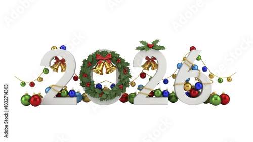 Festive holiday celebration concept featuring the number 2026 adorned with colorful Christmas decorations, baubles, and lights for the upcoming new year