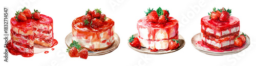 Watercolor strawberry cakes set for valentine's day, illustrating sweet dessert pastries with red fruit, cream, and syrup, isolated on transparent background for romantic celebrations