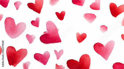 Romantic watercolor heart pattern scattering across a white background, symbolizing love, passion, caring, and affection for valentine's day celebrations and wedding designs