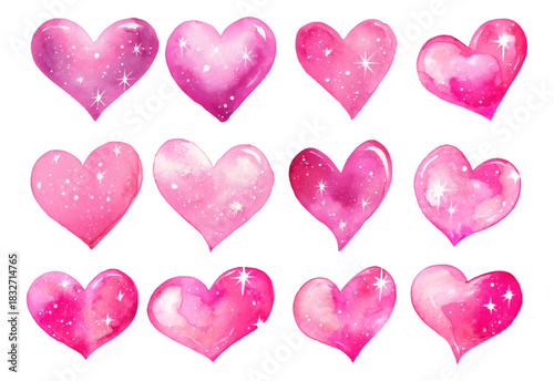 Collection of pink watercolor hearts with sparkling details, symbolizing romance, love, celebration, and passion for valentine's day, wedding, or anniversary designs on a transparent background