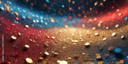 A shiny red holiday backdrop features a gold bokeh pattern and bright glitter stars reflecting through water drops on glass for a festive Xmas decoration design