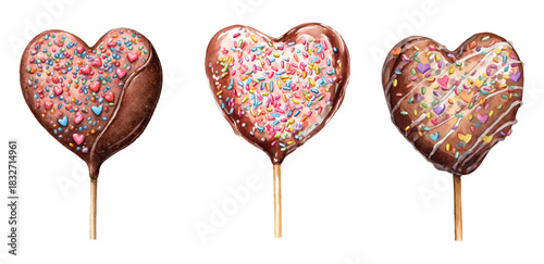 Heart shaped chocolate cake pops with colorful sprinkles. Hand painted watercolor illustration. Expressing sweet love and romantic feelings for valentine's day celebrations