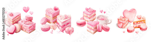Valentine's day watercolor sweets set featuring pink heart shaped cakes, macarons, and desserts, illustrating love, celebration, and romantic pastry on a transparent background