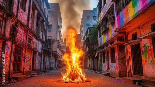 Holika Dahan Bonfire During Chhoti Holi Celebrations on Urban Street with Colorful Walls and Smoke
