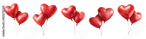 Red glossy heart balloons in paired groups, floating on a transparent background  festive romantic elements for valentine's, weddings, anniversaries, engagements and love messages