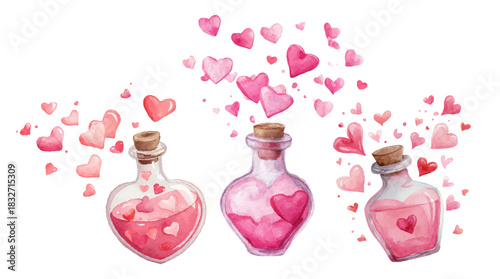 Watercolor hearts escaping from various shaped love potion bottles for valentine's day, symbolizing romantic feelings, magic, and passion