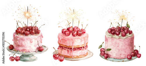 Set romantic watercolor cherry cakes with pink frosting and sparklers, festive isolated illustrations celebrating birthdays, anniversaries or valentine's day on transparent background