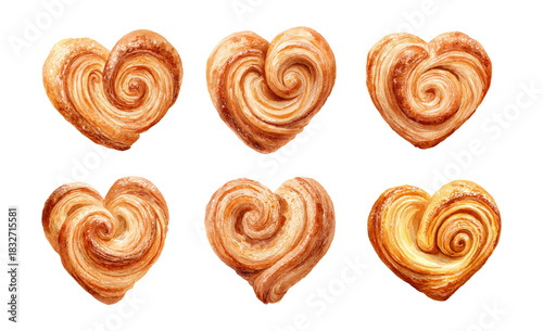 Heart shaped palmiers watercolor painting showcasing sweet pastries, a romantic dessert for valentine's day, love, and sweet treat concepts on a transparent background