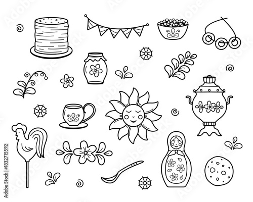 Maslenitsa is a traditional holiday marking the end of winter. Vector doodle illustration of pancakes, samovar, matryoshka, sun, cockerel. Shrovetide.