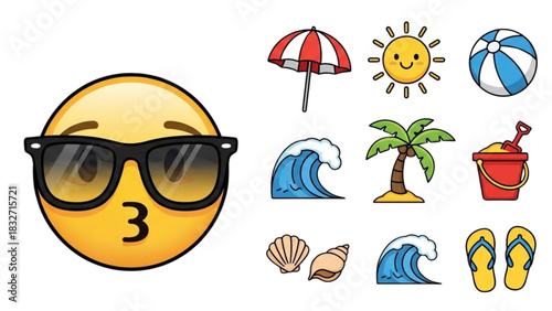 A collection of colorful summer beach icons and a cool emoji with sunglasses for vacation concepts