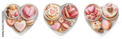 Three heart shaped watercolor plates displaying sweet treats including macarons, cupcakes, and cookies, celebrating love, romance, and valentine's day