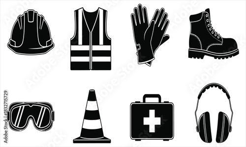 A comprehensive set of monochrome icons representing personal protective equipment for workplace safety and construction