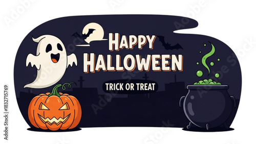 A festive cartoon banner with a ghost, pumpkin, and cauldron for a spooky holiday greeting
