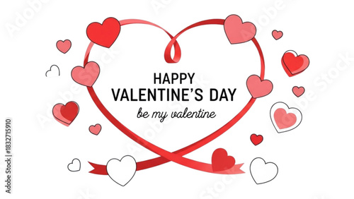 Happy Valentine's Day Heart-Shaped Design with Red Ribbons and Hearts