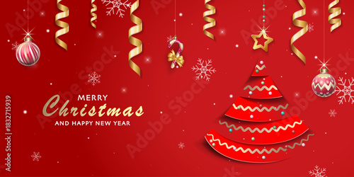 A red Christmas background featuring hanging golden ribbons, snowflakes and a layered paper-cut style Christmas tree decorated with wavy lines and ornaments balls creating a warm holiday greeting.