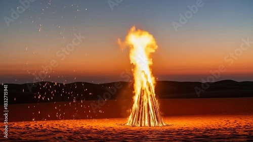 Holika Dahan Bonfire Celebration During Chhoti Holi with Fire and Sparkles at Sunset in Rural Landscape