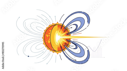 Scientific illustration of solar flare eruption with magnetic field lines and energy beam from star core