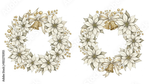 Watercolor White Poinsettia Christmas Wreath Set with Gold Bells Bows and Berries Floral Illustration