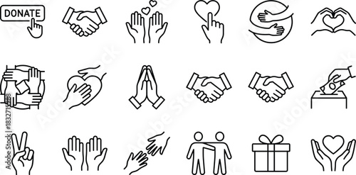 Charity, Donation, and Hand Gestures Icon Set Representing Help, Support, Partnership, Volunteering, Community, Friendship, Love, and Social Responsibility Concepts