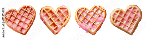 Heart shaped waffles with pink icing representing love and romance. Creating a sweet dessert design for valentine's day celebrations or romantic breakfast concepts