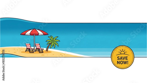 Sunny tropical beach paradise illustration with chairs and umbrella for a vacation sale