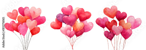 Watercolor heart balloons creating romantic bouquets, illustrating love, celebration, and affection for valentine's day or anniversaries on a transparent background