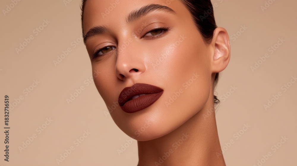 Fototapeta premium A stunning portrait captures a tanned woman exuding elegance with her striking features and rich lip color. The warm tones create an inviting atmosphere, highlighting her beauty