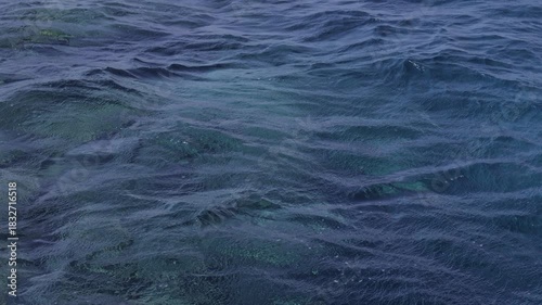 Serene ocean surface with gentle waves reflecting sunlight on clear turquoise waters. Slow motion.