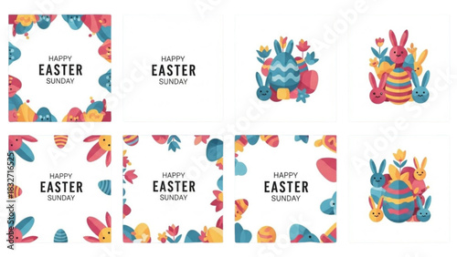 Happy Easter Sunday festive floral frames with cute bunny illustrations