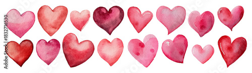 Watercolor hearts in various shades of red and pink, creating a romantic pattern and symbol of love, perfect for valentine's day celebrations and messages of affection