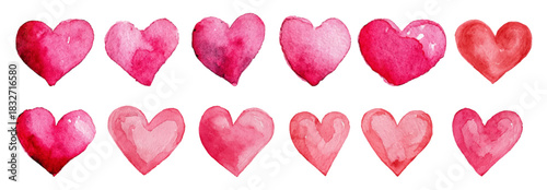 Watercolor hearts in pink and red form a playful decorative pattern symbolizing love, romance and celebration, hand painted elements on transparent background for cards and invitations