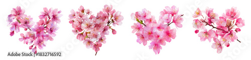 Cherry blossom hearts creating a romantic set for valentine's day, symbolizing love and springtime renewal with delicate pink petals in a watercolor style for romantic celebrations and greetings