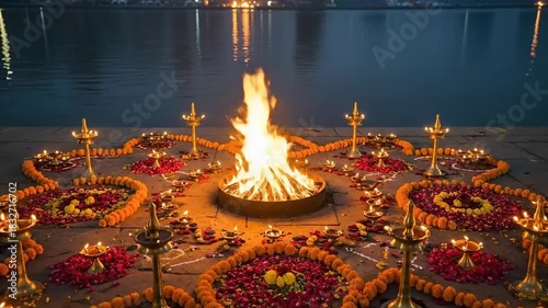 Holika Dahan Celebration with Sacred Fire, Marigold Decorations, Oil Lamps, and Flower Rangoli for Chhoti Holi Festival